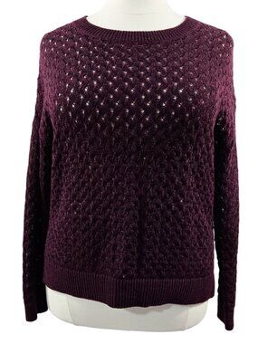 LOFT NWT Dark Burgundy Open Knit Drop Shoulder Sweater Hi Lo Hem Beachy
